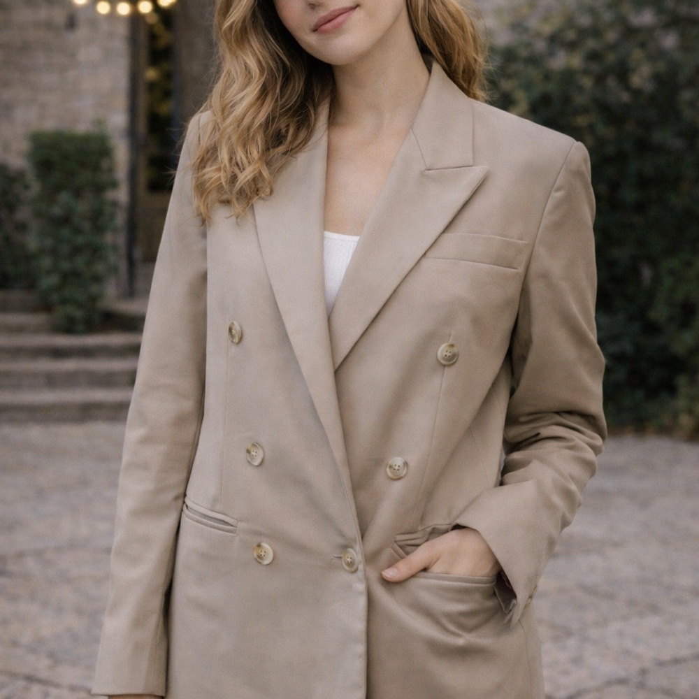 Tan Double Breasted Blazer Dress Jacket Size S Women’s Tailored 2 Pocket